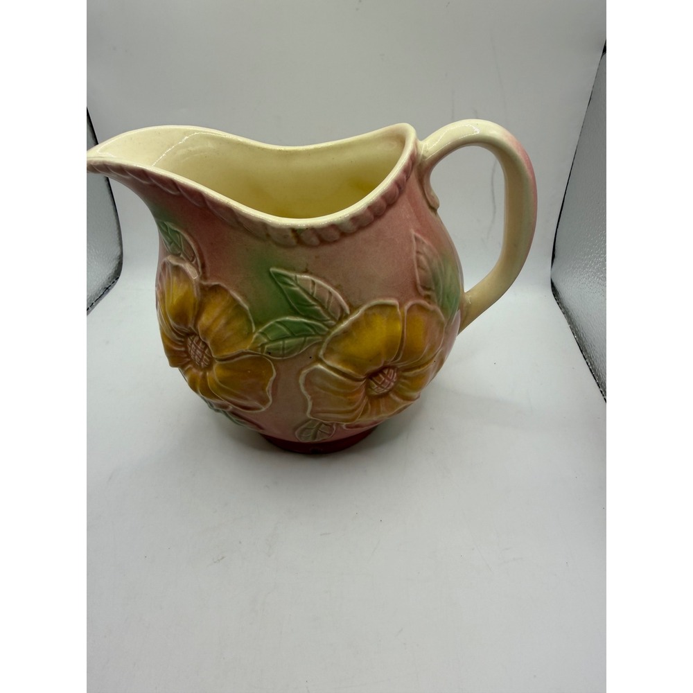 Vintage McCoy Pottery Pink Floral Pitcher USA 52-2467 Embossed Majolica Style